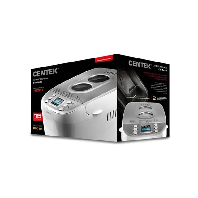 Хлебопечь, Centek, CT-1415, 1500 г, Большой объем, 860Вт, 15 программ, Таймер, LCD, Окошко, Белый/сталь