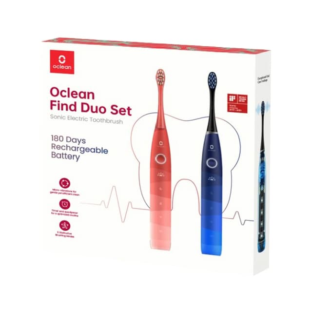 Комплект электрических зубных щеток, Oclean, Find Duo Set, F5002/C01000352, Мощность 38000 об/мин, 180 дней в режиме ожидания, 5 режимов чистки на ваш выбор, 2-минутный таймер и 30-секундное напоминание, IPX7, USB Type-C, Синий+Красный
