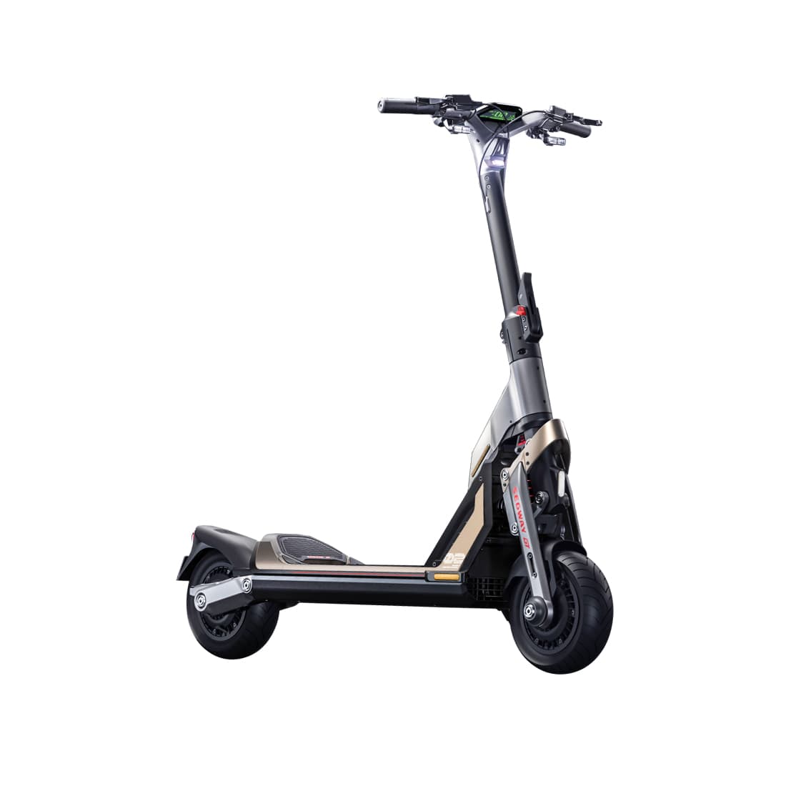 Электросамокат, Ninebot, KickScooter GT2P, Складной дизайн, Запас хода до 90 км, Максимальная скорость 70 км/ч, Мощность двигателя 3000 Вт, Преодоление макс. уклона 16°/30%, Размер шин 11 дюймов, Влагозащита IPX4, Серый