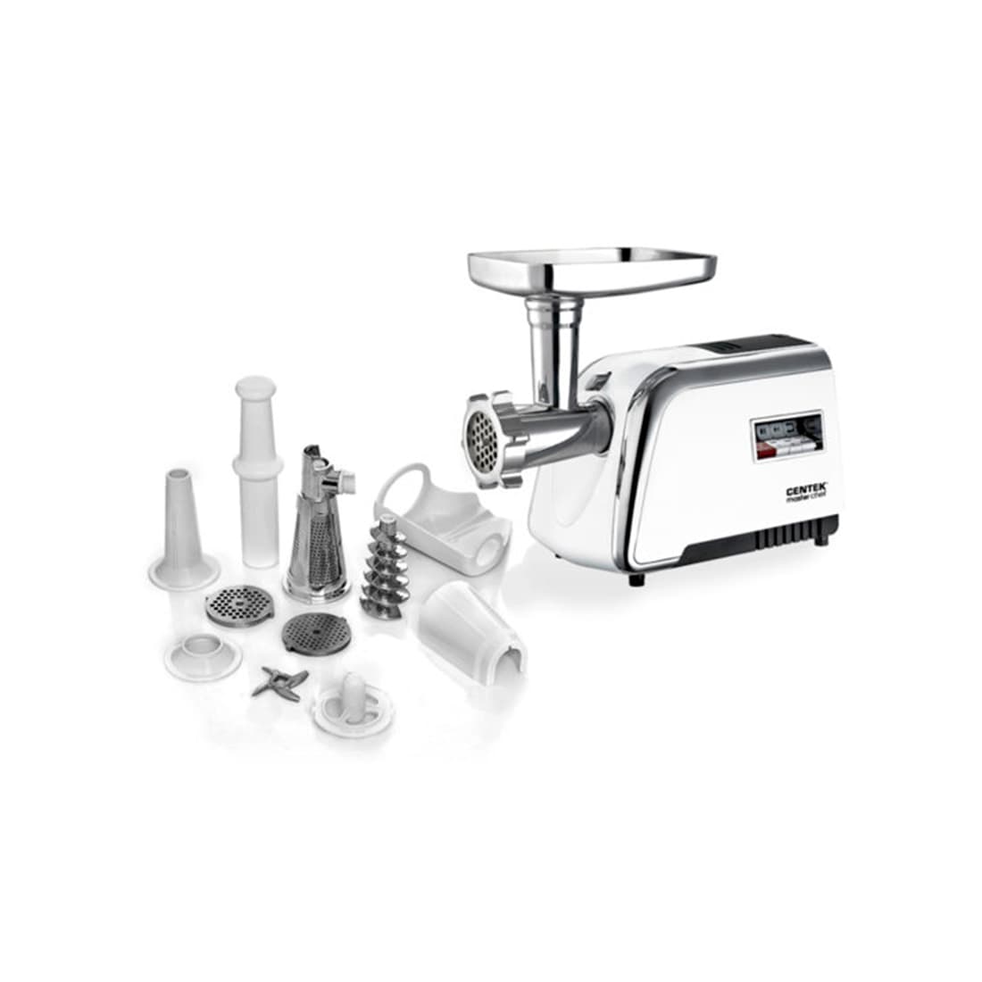 Мясорубка, Centek, CT-1602 Juice, 2000W, Соковыж, Нож+диски (2 шт) из литой стали, Реверс, Белый/хром