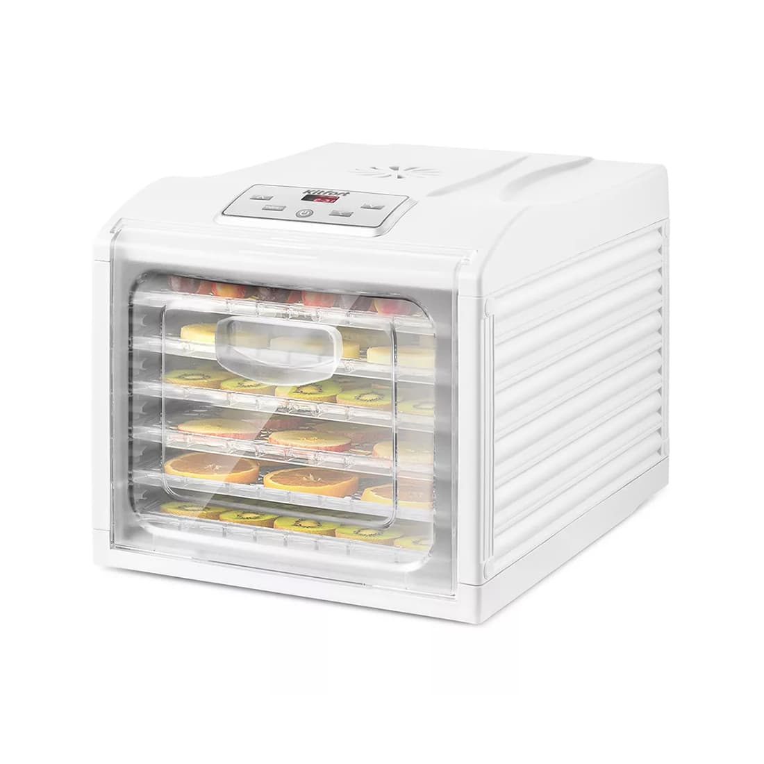 Сушилка для овощей и фруктов, Kitfort, КТ-1907, Мощность 500 Вт, Горизонтальный обдув, Максимальная температура 70 °C, Минимальная температура 35 °C, Длина шнура 1.15м, Дисплей , Таймер, Защита от перегрева, 12 поддонов, 6 сеток, Белый