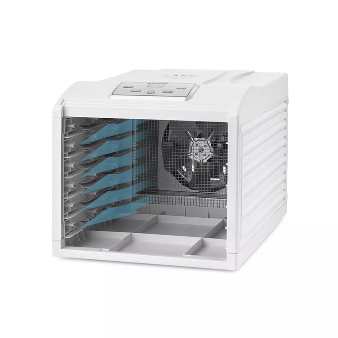 Сушилка для овощей и фруктов, Kitfort, КТ-1907, Мощность 500 Вт, Горизонтальный обдув, Максимальная температура 70 °C, Минимальная температура 35 °C, Длина шнура 1.15м, Дисплей , Таймер, Защита от перегрева, 12 поддонов, 6 сеток, Белый