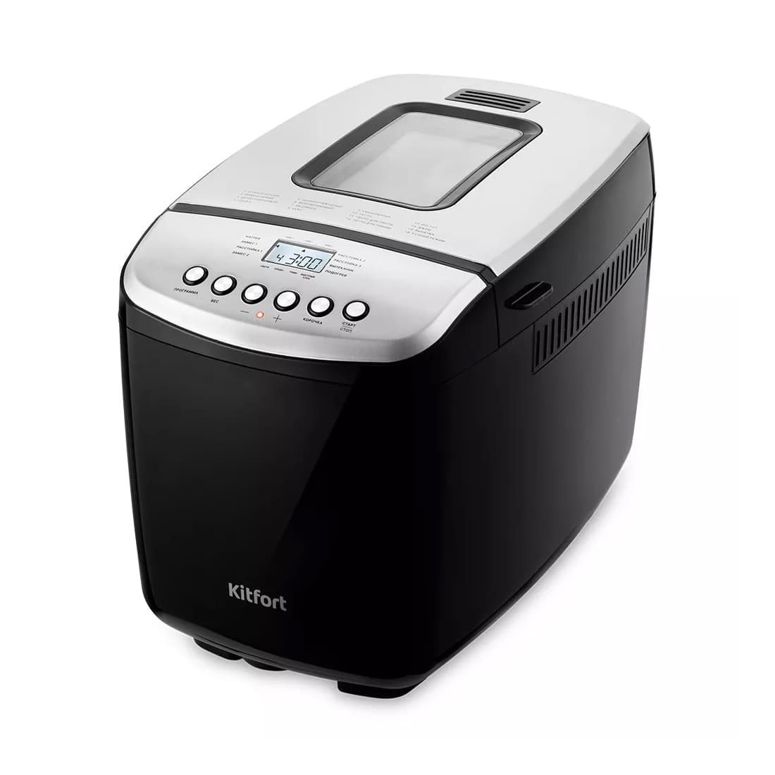 Хлебопечь, Kitfort, KT-309, Объем чаши 3.8л, 16 программ, Вес выпечки 1000/1250/1500 г, Кнопочное управление, Автоподогрев, Отложенный старт до 15 ч, Длина шнура 0.8м, Мощность 850 Вт, Чёрный