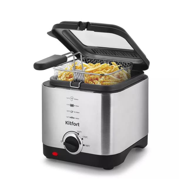 Фритюрница, Kitfort, КТ-2017, Ёмкость чаши 1.5 л, 3 температурных режима, Температура 130-190°C, Длина шнура 0.99 м, Мощность 900 Вт, Стальной