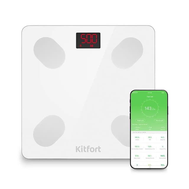 Весы, Kitfort, КТ-839,Точность измерения (шаг деления) 50 г, Максимальная нагрузка 180 кг, Единицы измерения килограммы, фунты, Автоматическое включение / выключение, Управление со смартфона Bluetooth, Приложение для управления Feelfit , Цвет белый