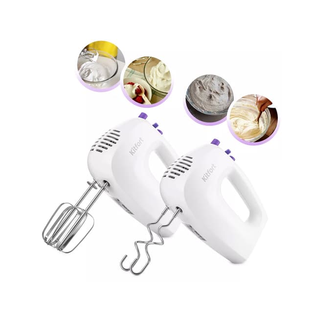 Миксер, Kitfort, КТ-3071-1, Мощность 200-250 Вт, Число скоростей 5, Количество насадок 4 , Цвет Бело-фиолетовый