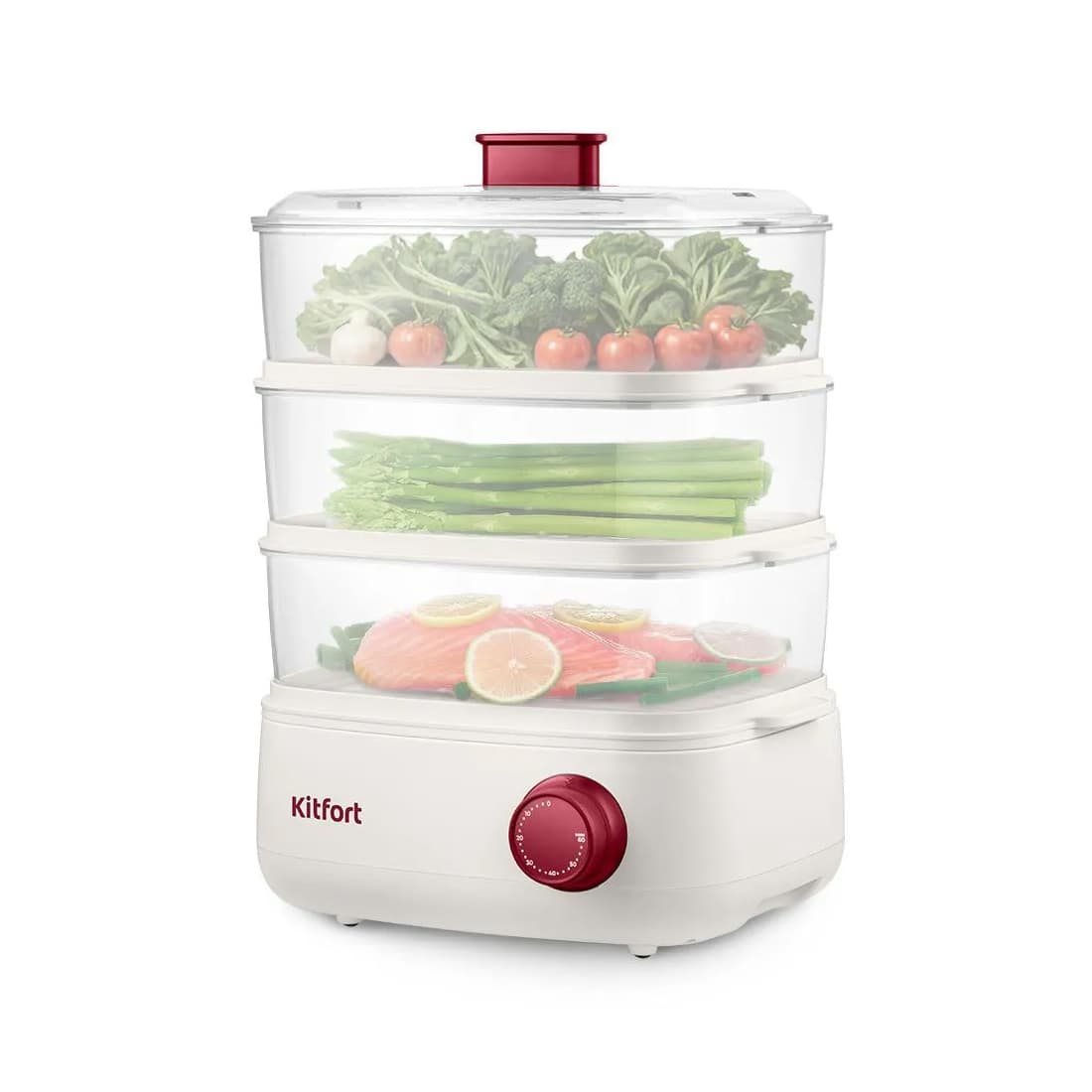 Пароварка, Kitfort, КТ-6830, Мощность 800 Вт, Таймер до 60 мин, 3 паровых отсека, Цвет белый