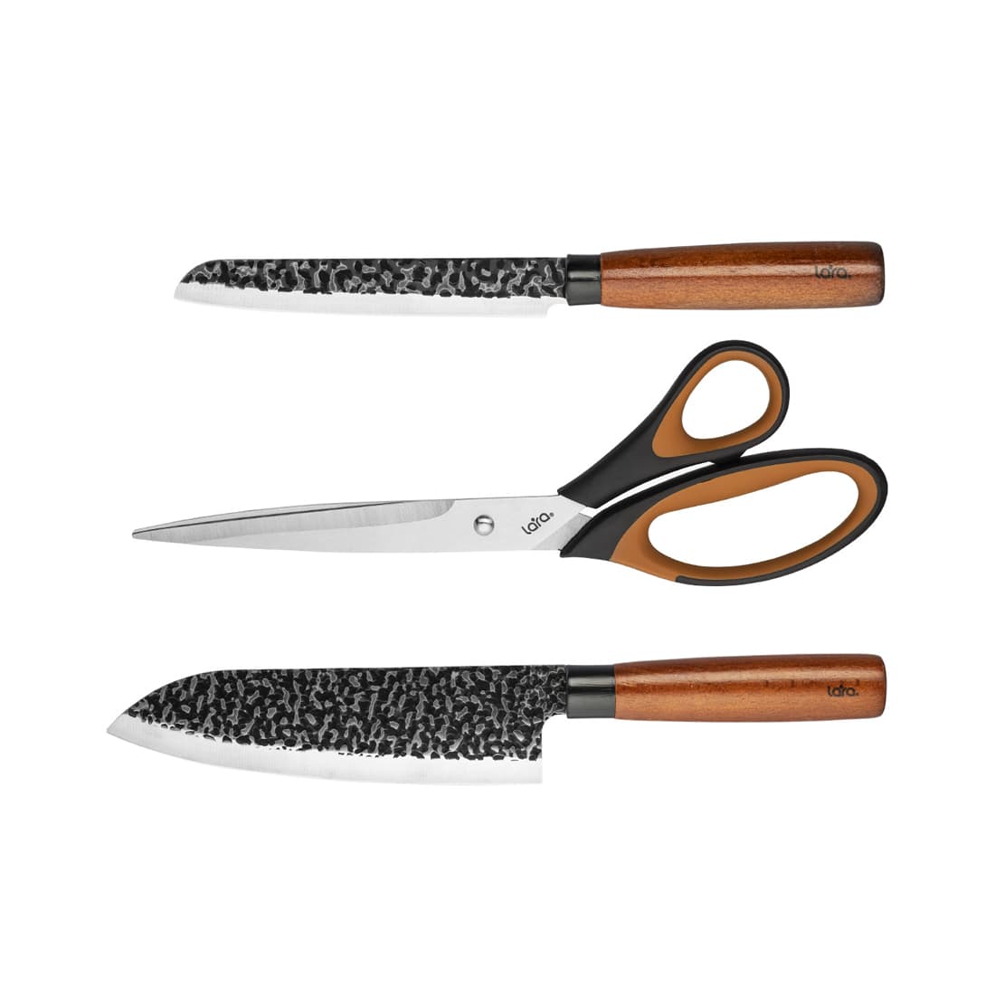 Набор ножей, LARA, LR05-12, 3 пр, Нож сантоку/нож универсальный/ножницы, Нержавеющая сталь/Дерево, Длинна 12.7см/18см, Толщина лезвия 1.5мм/1.8мм, Черный/Коричневый