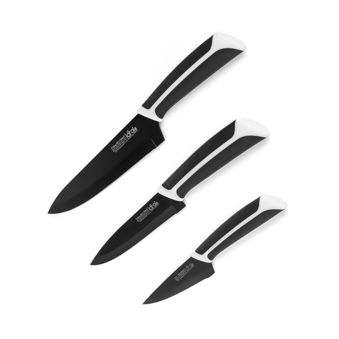 Набор ножей, LARA, LR05-29, 3 пр, Нож универсальный/нож для нарезки/ нож поварской, Нержавеющая сталь, Керамическое покрытие, Длинна 10/14.9/19см, Толщина лезвия 1.2/1.5мм, Черный/Белый