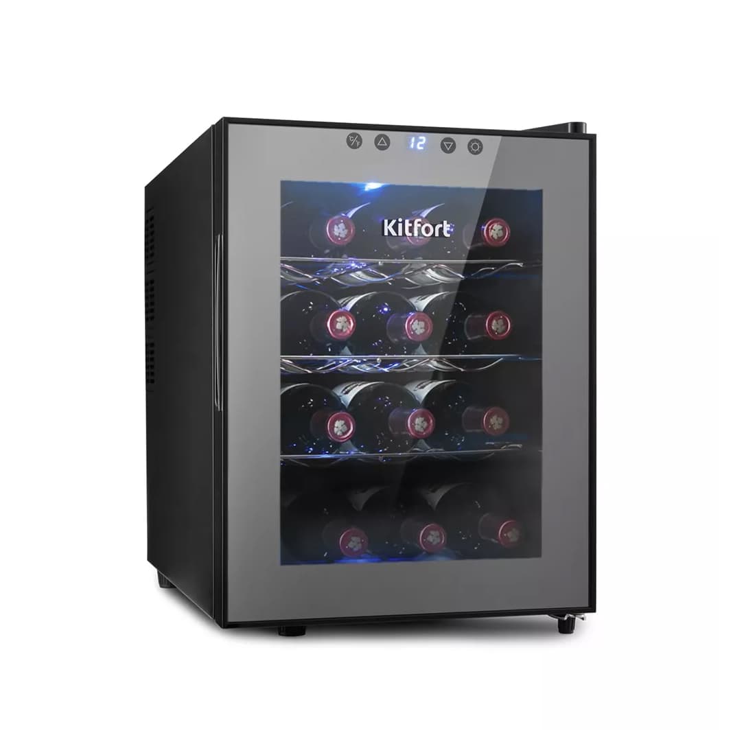 Винный шкаф, Kitfort, КТ-2408, 4 полки, Вместимость 12 бутылок, Объем внутренней камеры 33л, Термоэлектрический, Температура охлаждения 10-18?С, Уровень шума 25 дБ, Мощность 70 Вт, Энергопотребление 121 кВт*ч/год, Черный