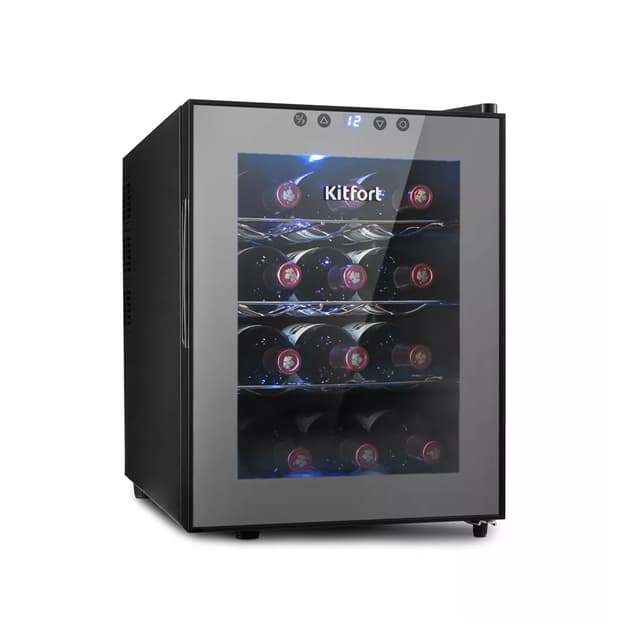 Винный шкаф, Kitfort, КТ-2408, 4 полки, Вместимость 12 бутылок, Объем внутренней камеры 33л, Термоэлектрический, Температура охлаждения 10-18?С, Уровень шума 25 дБ, Мощность 70 Вт, Энергопотребление 121 кВт*ч/год, Черный