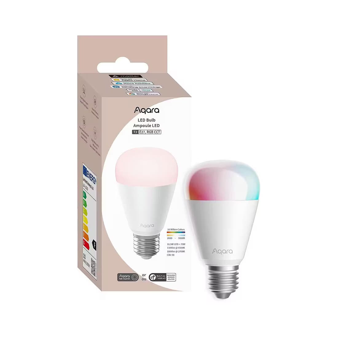 Лампочка, Aqara, LED Bulb T1, LB-L02D, (RGB CCT, E27), 10,5 Вт, 75 Вт, 1100 лм @ 6500K, 950 лм @ 2700K, RGB: 2000–9000K / Белый: 2700–6500K, 200°, До 25 000 часов, 100–240 В~, 50/60 Гц, 60  108 мм,–10°C ~ +40°C, 0–95% RH (без конденсации),Zigbee 3.0, Thread, Bluetooth,