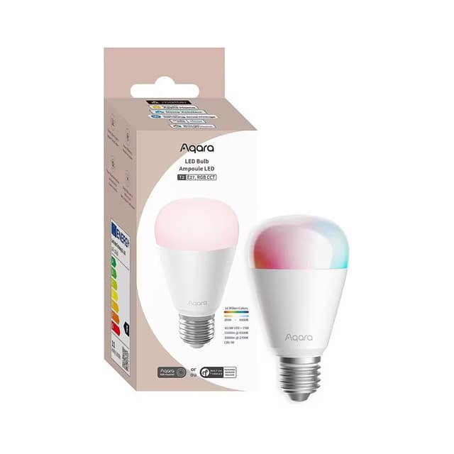 Лампочка, Aqara, LED Bulb T1, LB-L02D, (RGB CCT, E27), 10,5 Вт, 75 Вт, 1100 лм @ 6500K, 950 лм @ 2700K, RGB: 2000–9000K / Белый: 2700–6500K, 200°, До 25 000 часов, 100–240 В~, 50/60 Гц, 60  108 мм,–10°C ~ +40°C, 0–95% RH (без конденсации),Zigbee 3.0, Thread, Bluetooth,