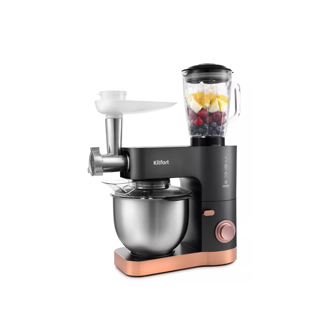 Планетарный миксер, Kitfort, КТ-1370, (5, в, 1),Мощность 1200 Вт,Ёмкость чаши 5,6 л,Материал чаши нержавеющая сталь,Ёмкость чаши блендера 1,5 л