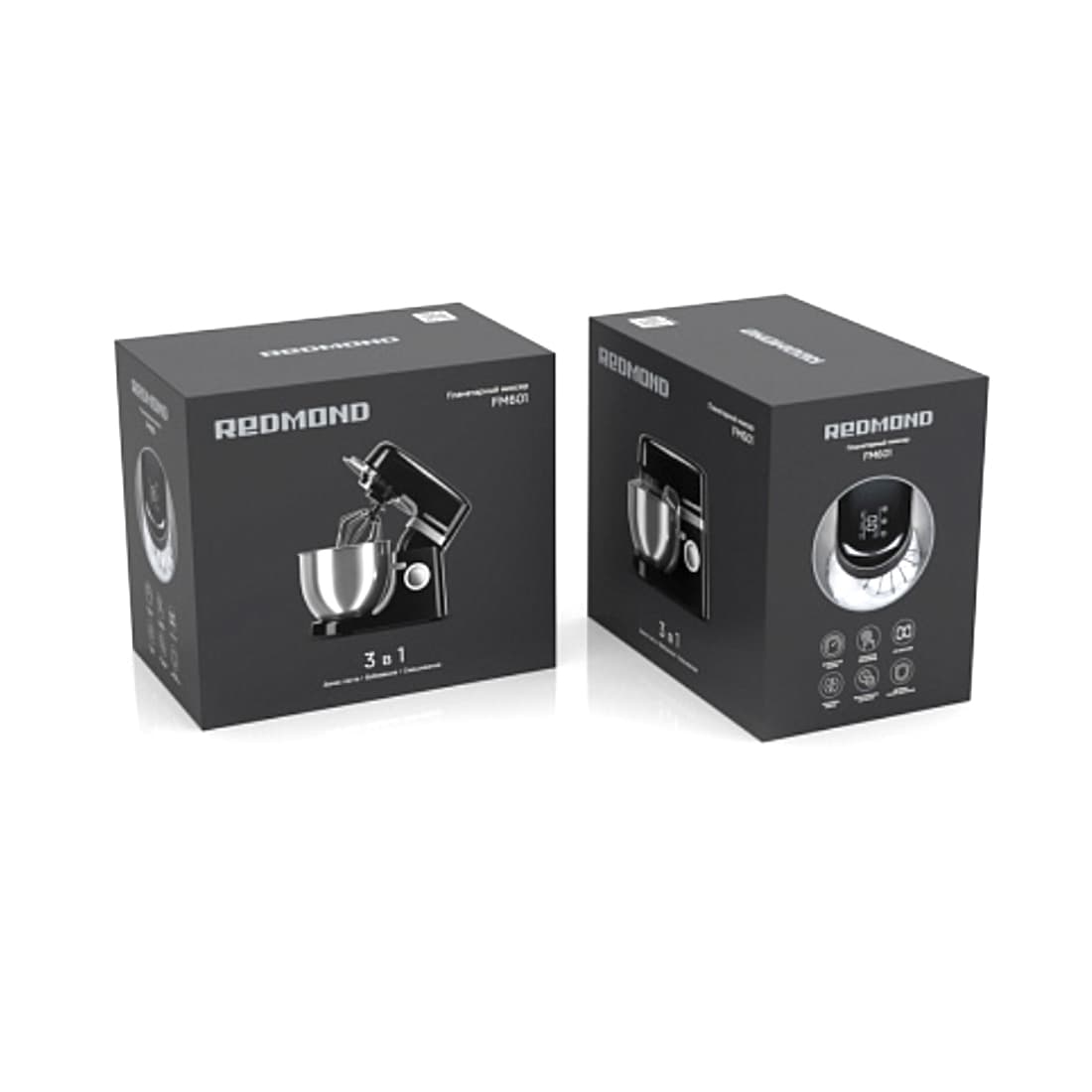 Планетарный миксер, Redmond, FM601,Тип-планетарный Мощность-1000 Вт ,Материал корпуса-пластик ,Количество скоростей-8 шт ,Количество насадок в комплекте-3 шт ,Объем чаши-5 л