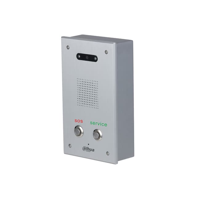 Вызывная панель, Dahua, DHI-VTA2302A, Устройство экстренного вызова, 2 МП, 1/2.7" CMOS. углы обзора: гор.: 91°, верт.: 47°, диаг.: 111° Кодек H.264 поддержка протоколов: SIP. RTSP. RTP. TCP. UDP Вызов одним нажатием, две кнопки вызова, встроенные микрофон и динамик. тревожные вх./вых.: 2/2. 1хRS485. сеть: 10/100Мбитс. питание: DC 12~24В, PoE(802.3af). IP65, IK08. рабочая температура: -30°C~+60°C. размеры:180ммx105ммx46.7мм