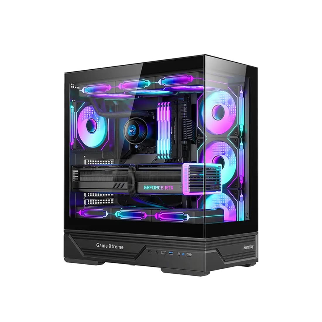 Компьютерный корпус, Huntkey, GX760A Fortune, ATX/Micro ATX, USB 1*3.0/2*2.0, HD-Audio, Кулер 4*12см ARGB, Высота процессорного кулера до 160 мм, Длина VGA до 400мм, 1*3.5"/2.5", Слот 7, Толщина 0,6мм, 424x215x465мм, Без Б/П, Чёрный