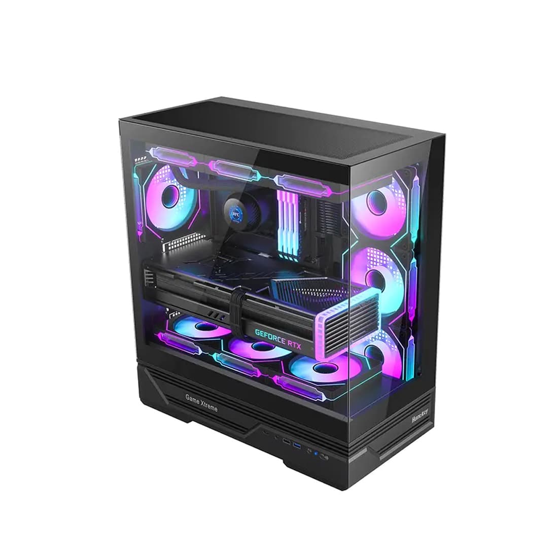 Компьютерный корпус, Huntkey, GX760A Fortune, ATX/Micro ATX, USB 1*3.0/2*2.0, HD-Audio, Кулер 4*12см ARGB, Высота процессорного кулера до 160 мм, Длина VGA до 400мм, 1*3.5"/2.5", Слот 7, Толщина 0,6мм, 424x215x465мм, Без Б/П, Чёрный