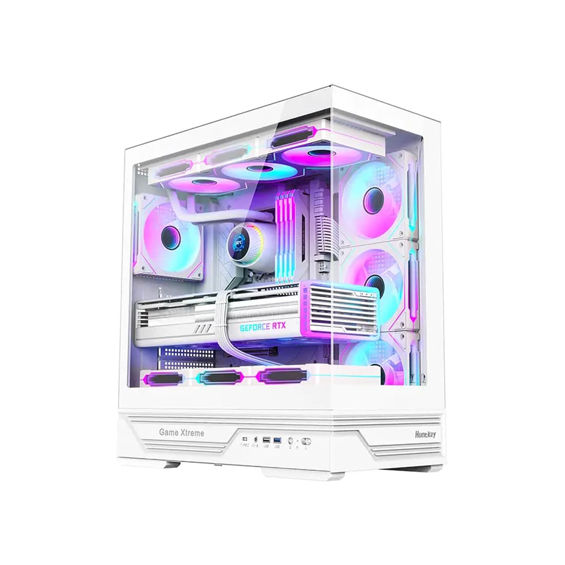 Компьютерный корпус, Huntkey, GX760A Fortune White, ATX/Micro ATX, USB 1*3.0/2*2.0, HD-Audio, Кулер 4*12см ARGB, Высота процессорного кулера до 160 мм, Длина VGA до 400мм, 1*3.5"/2.5", Слот 7, Толщина 0,6мм, 424x215x465мм, Без Б/П, Белый