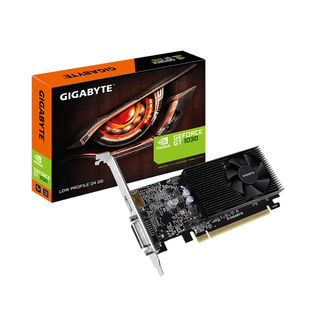 Видеокарта, Gigabyte, GT1030 Low Profile 2G (GV-N1030D4-2GL) 4719331303280, DDR4, 64B, DVI-D, HDMI, Fan, низкопрофильная панель, 14.7*149.9*68.9 мм, Цветная коробка