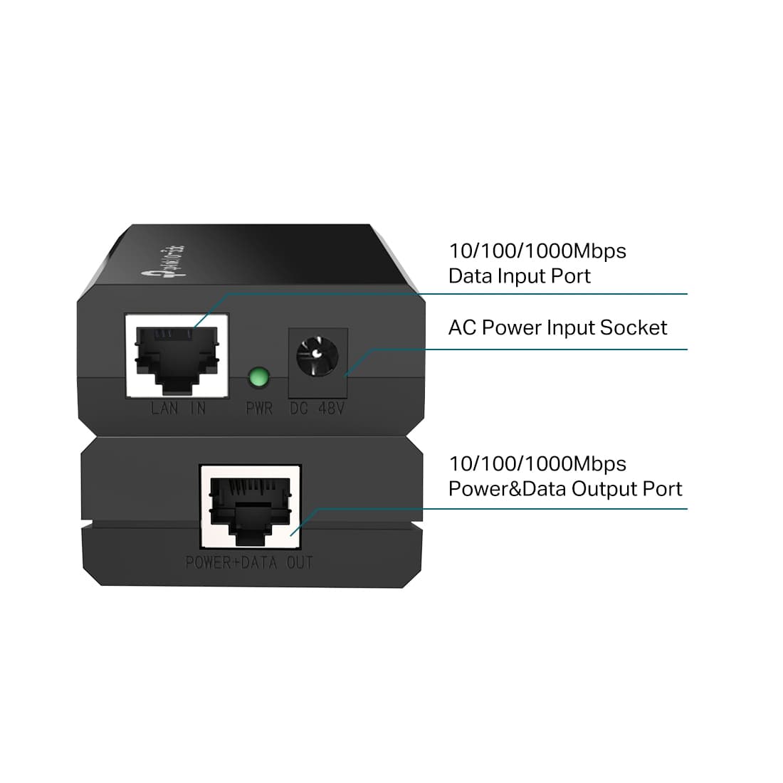 PoE-инжектор, TP-Link, POE150S, 10/100/1000 Мбит/с, 2 порта 10/100/1000 Мбит/с (разъём RJ45),15.4W,802.3af, Автосогласование/Авто-MDI/MDIX,1 разъём питания 48 В постоянного тока