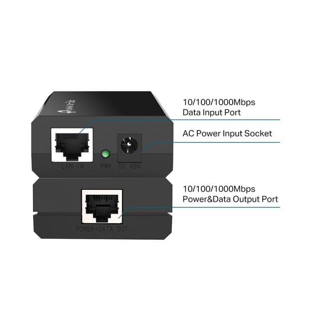 PoE-инжектор, TP-Link, POE150S, 10/100/1000 Мбит/с, 2 порта 10/100/1000 Мбит/с (разъём RJ45),15.4W,802.3af, Автосогласование/Авто-MDI/MDIX,1 разъём питания 48 В постоянного тока