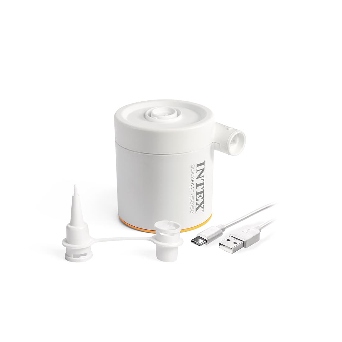 Насос электрический QuickFill USB150 Pump (5В), INTEX, 66616, Пластик/металл, 150 л/мин, От USB-A зарядного устройства, power-bank и т.д., 2 насадки, Сумочка для хранения, Белый, Цветная коробка