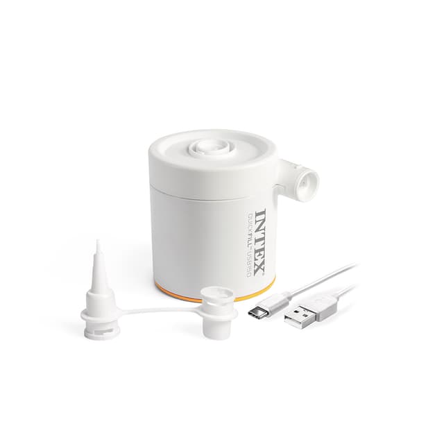 Насос электрический QuickFill USB150 Pump (5В), INTEX, 66616, Пластик/металл, 150 л/мин, От USB-A зарядного устройства, power-bank и т.д., 2 насадки, Сумочка для хранения, Белый, Цветная коробка