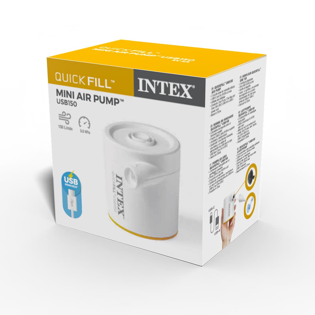 Насос электрический QuickFill USB150 Pump (5В), INTEX, 66616, Пластик/металл, 150 л/мин, От USB-A зарядного устройства, power-bank и т.д., 2 насадки, Сумочка для хранения, Белый, Цветная коробка