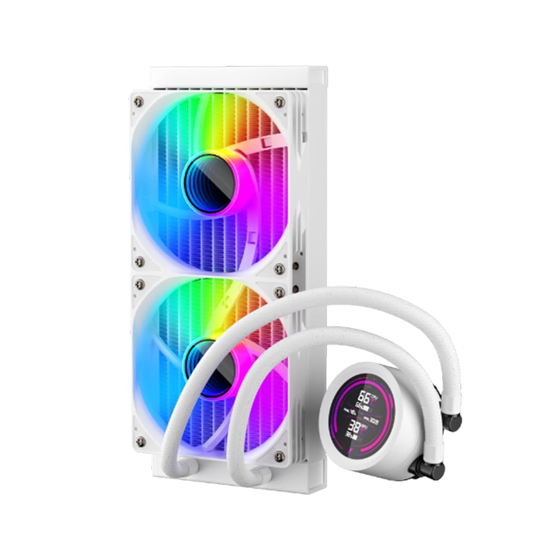 Кулер с водяным охлаждением, 1STPLAYER, TS4 240 WHITE, TS4-240-WH, intel 1151/1200/1700/1851 и amd AM4/AM5, TDP 250W, 2*120 мм, 600-2200 об/мин, 77 CFM, 36 dBA, Белый