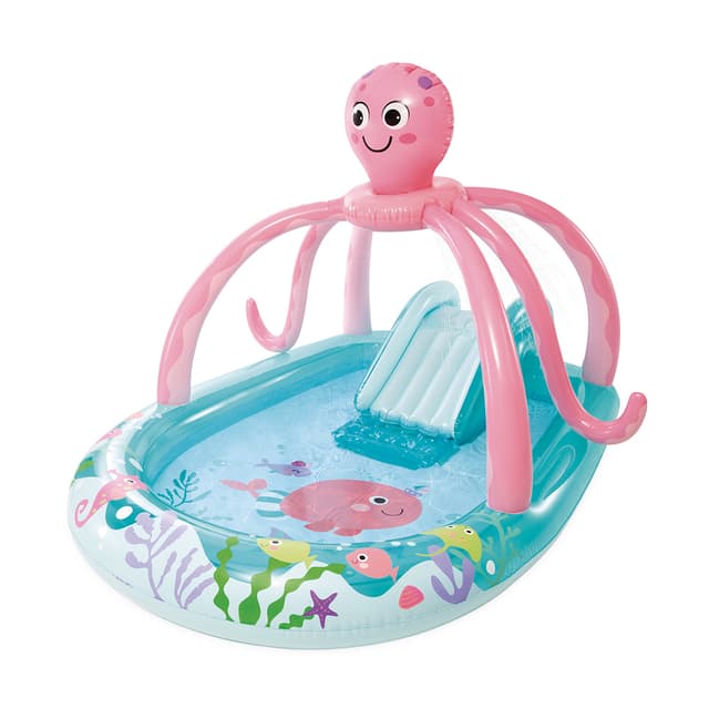 Детский надувной игровой бассейн Friendly Octopus 234 х 201 см, INTEX, 56138NP, Винил, 229л., 2+, Разбрызгиватель, Горка, Надувные кольца, Розово-голубой, Цветная коробка