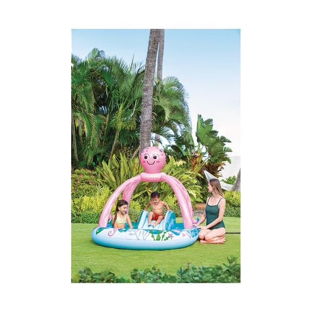 Детский надувной игровой бассейн Friendly Octopus 234 х 201 см, INTEX, 56138NP, Винил, 229л., 2+, Разбрызгиватель, Горка, Надувные кольца, Розово-голубой, Цветная коробка
