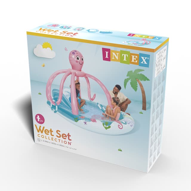 Детский надувной игровой бассейн Friendly Octopus 234 х 201 см, INTEX, 56138NP, Винил, 229л., 2+, Разбрызгиватель, Горка, Надувные кольца, Розово-голубой, Цветная коробка