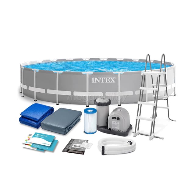 Каркасный бассейн Prism Frame 610 х 132 см, INTEX, 26756NP, Винил, 32695 л., Стальной каркас, Ф-насос 28636 (5678л/ч), Лестница 28077, Подложка 11290, Тент 11289, Гидроаэрация 22747, Серый, Цветная коробка