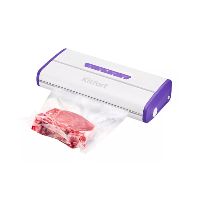 Вакууматор, Kitfort, КТ-1514-1 бело-фиолетовый, Кнопочный тип управления, Максимальная ширина пакета 28 см, 2 режима работы, 5 пакетов в комплекте, Белый, Фиолетовый