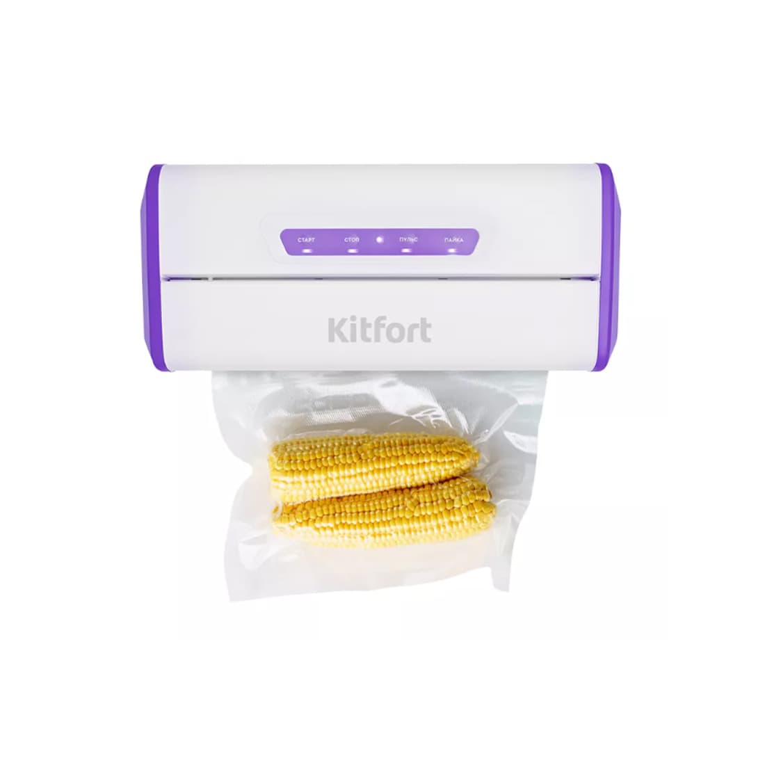 Вакууматор, Kitfort, КТ-1514-1 бело-фиолетовый, Кнопочный тип управления, Максимальная ширина пакета 28 см, 2 режима работы, 5 пакетов в комплекте, Белый, Фиолетовый