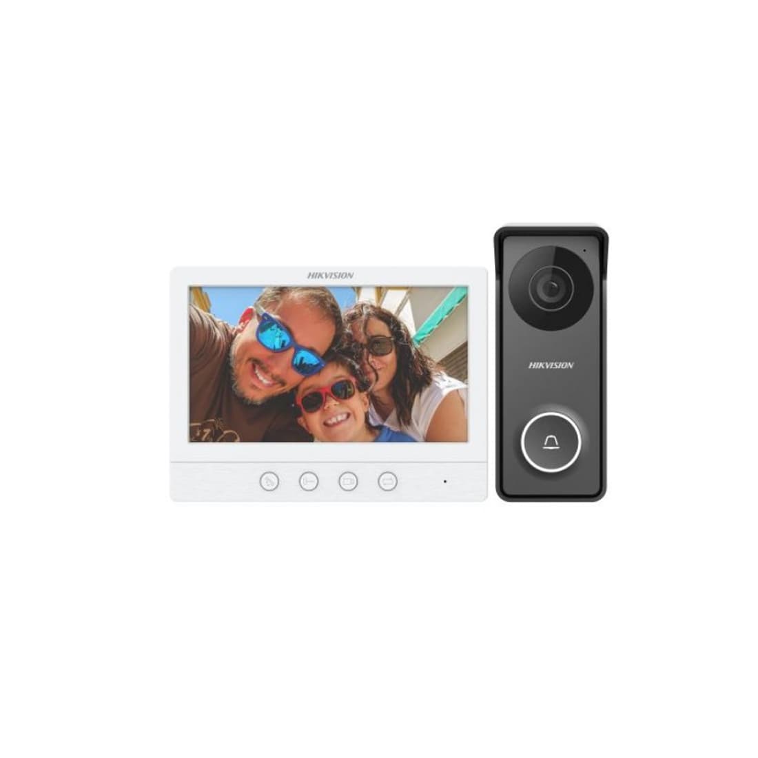 Домофонная система, Hikvision, DS-KIS213, Комплект видеодомофонии, 1 mp HD камера, ИК до 3 м, встроеный микрофон и динамик вызывная, от-30 °C до 60 °C Монитор: от -10 °C до 50 °C IP65 IK08 12V DC