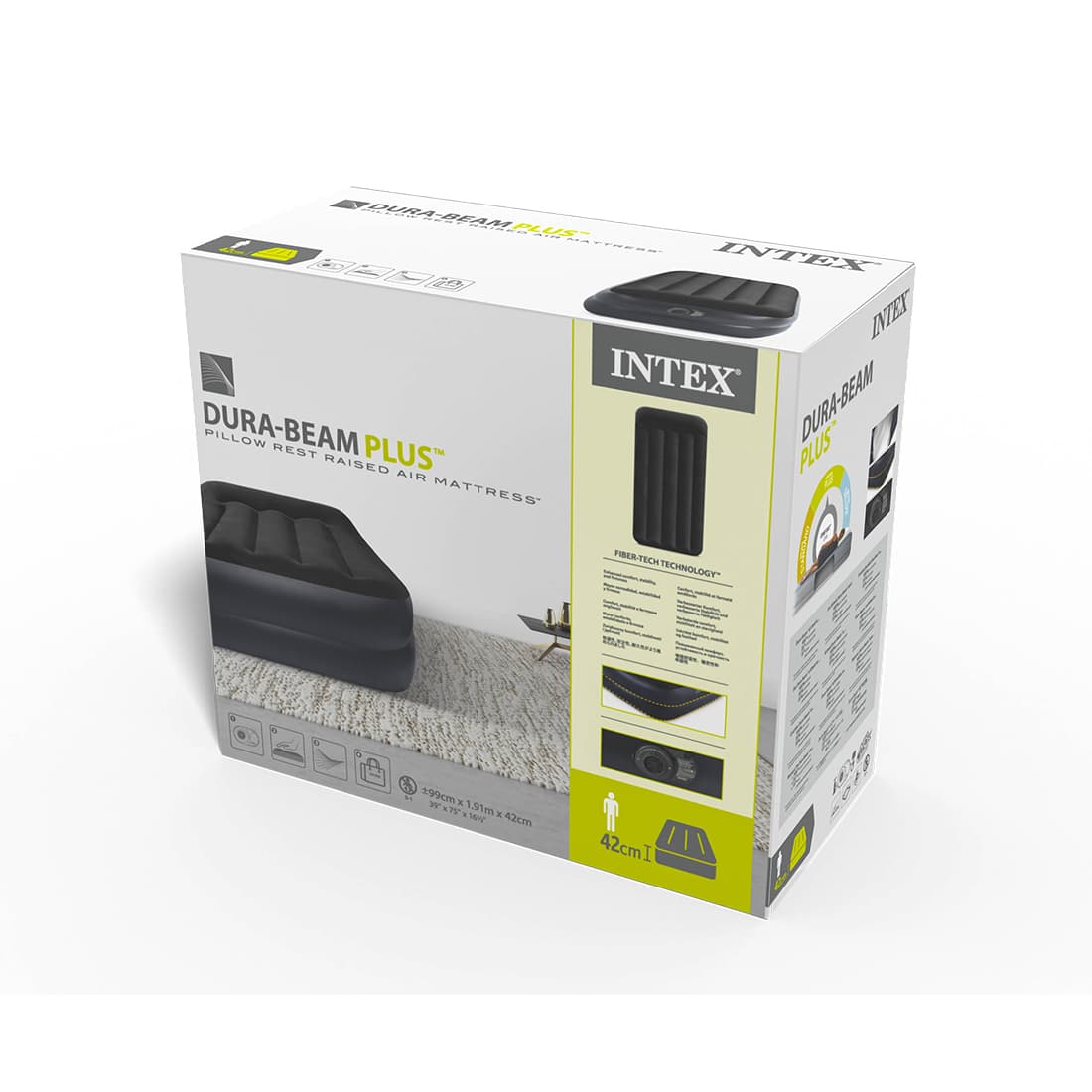 Матрас-кровать надувная Pillow Rest Raised (Twin) 191 х 99 х 42 см, INTEX, 64122ND, Винил, Встроенные эл. насос и подушка, Сумка для переноски и хранения в комплекте, Черный, Цветная коробка