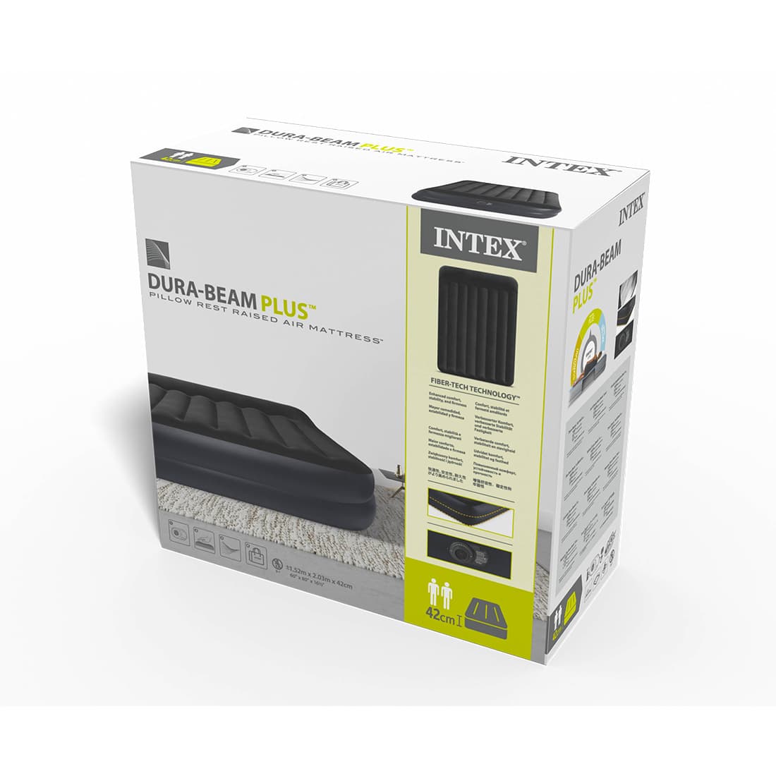 Матрас-кровать надувная Pillow Rest Raised (Queen) 203 х 152 х 42 см, INTEX, 64124ND, Винил, Встроенные эл. насос и подушка, Сумка для переноски и ххранения в комплекте, Черный, Цветная коробка