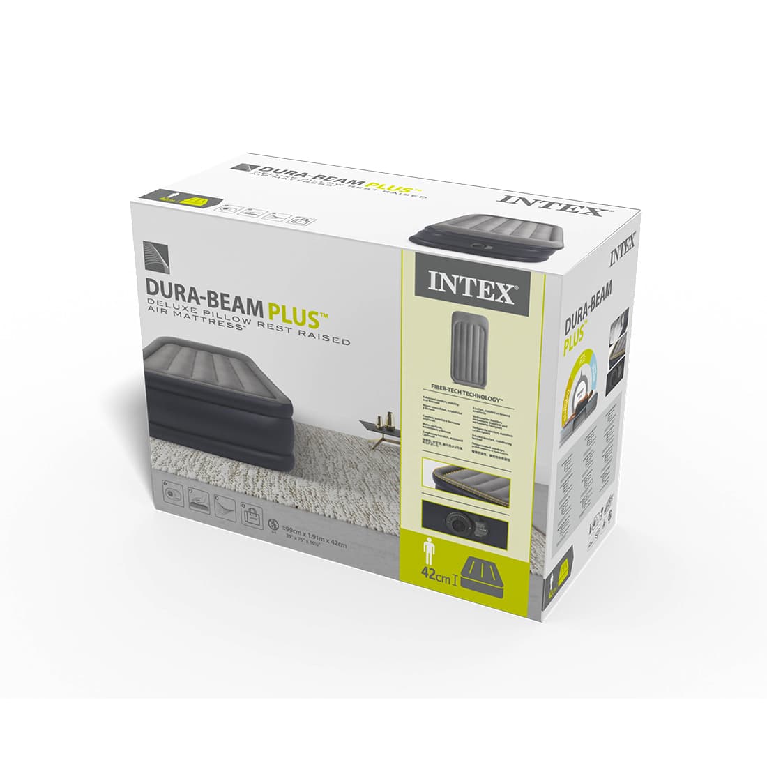 Матрас-кровать надувная DELUXE Pillow Rest Raised (Twin) 191 х 99 х 42 см, INTEX, 64132ND, Винил, Встроенные эл. насос и подушка, Сумка для переноски и хранения в комплекте, Серо-чёрный, Цветная коробка