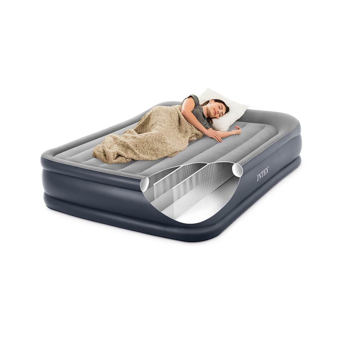 Матрас-кровать надувная DELUXE Pillow Rest Raised (Queen) 203 х 152 х 42 см, INTEX, 64136ND, Винил, Встроенные эл. насос и подушка, Сумка для переноски и хранения в комплекте, Серо-чёрный, Цветная коробка