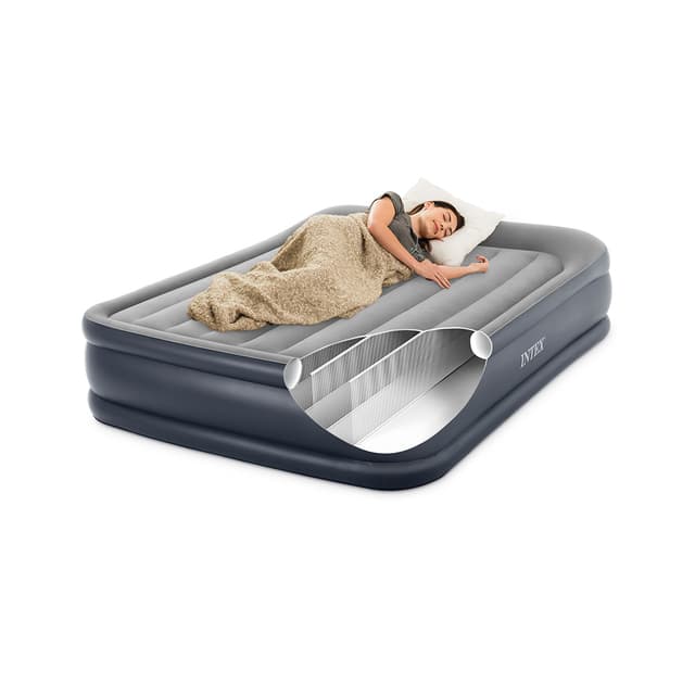Матрас-кровать надувная DELUXE Pillow Rest Raised (Queen) 203 х 152 х 42 см, INTEX, 64136ND, Винил, Встроенные эл. насос и подушка, Сумка для переноски и хранения в комплекте, Серо-чёрный, Цветная коробка