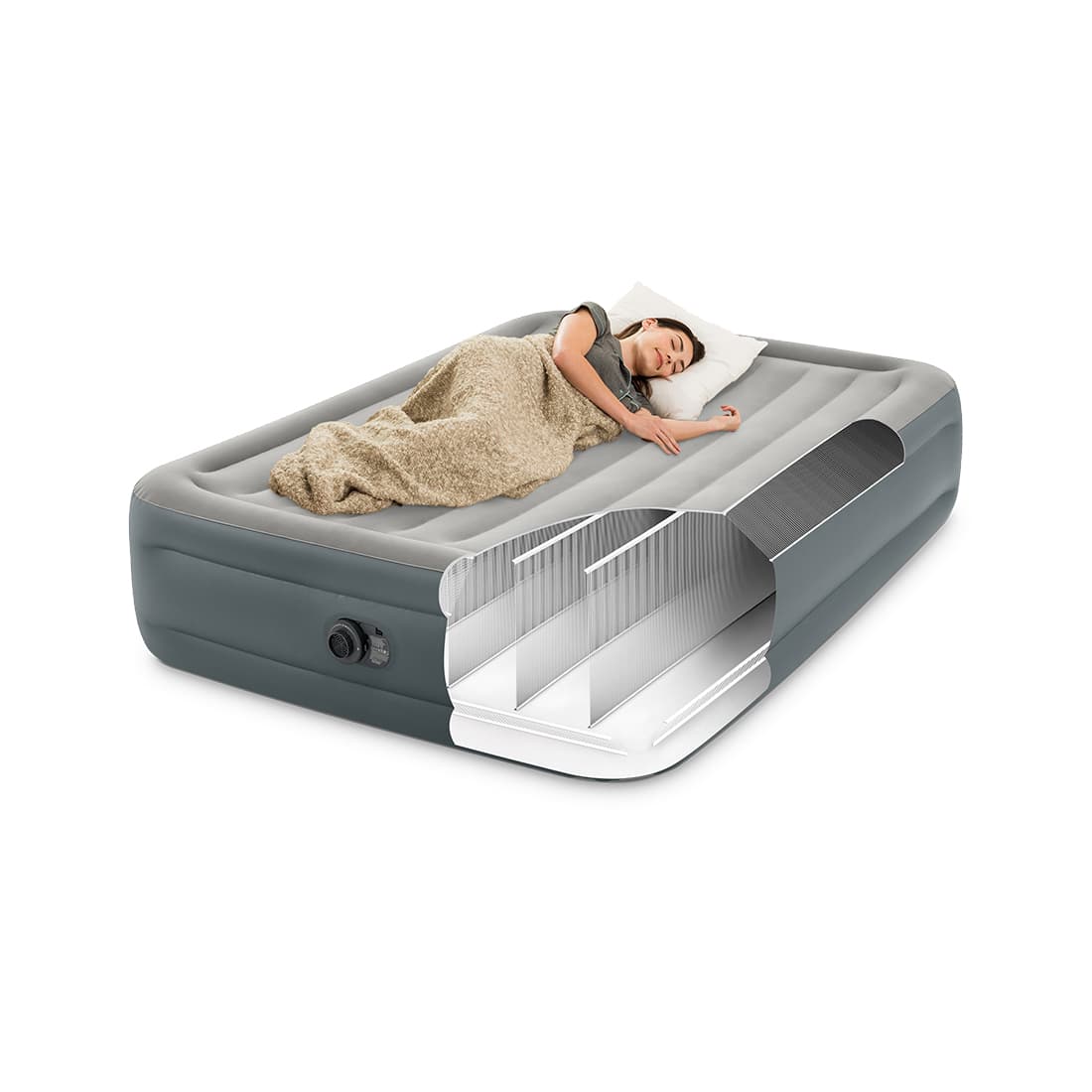 Матрас-кровать надувная Essential Rest (Queen) 203 х 152 х 46 см, INTEX, 64126ND, Винил, Флокированый верх, Встроенный эл. насос, Сумка для переноски и хранения в комплекте, Черный, Цветная коробка