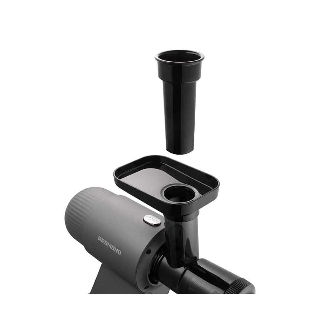 Соковыжималка шнековая, Redmond, J1400, 1 скорость, Скорость работы 70 об/мин, Диаметр загрузочного отверстия 40 мм, Уровень шума < 69 дБ, Мощность 350 Вт, Длина шнура 0.8м, Серый