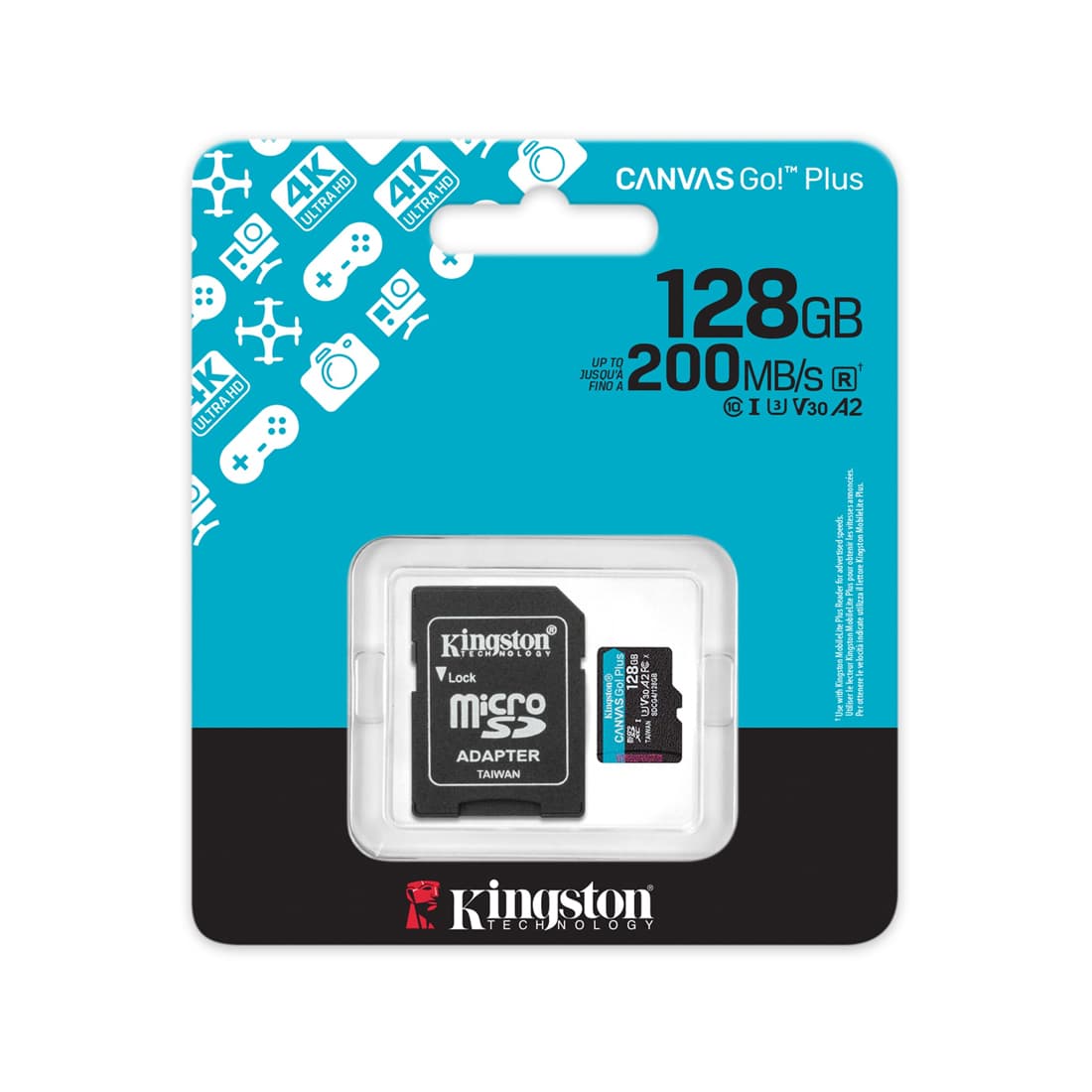 Карта памяти, Kingston, SDCG4/128GB, MicroSDXC 128GB, Canvas Go Plus, A2, U3, V30, с адаптером SD