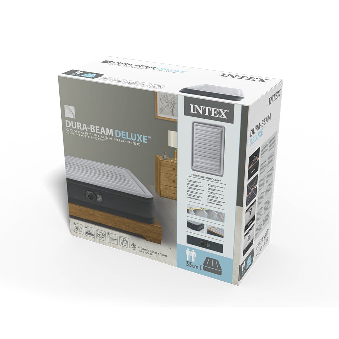 Матрас-кровать надувная Comfort-Plush Mid-Rise (Full) 191 х 137 х 33 см, INTEX, 67768ND, Винил, Встроенный эл. насос, Сумка для переноски и хранения в комплекте, Серый, Цветная коробка