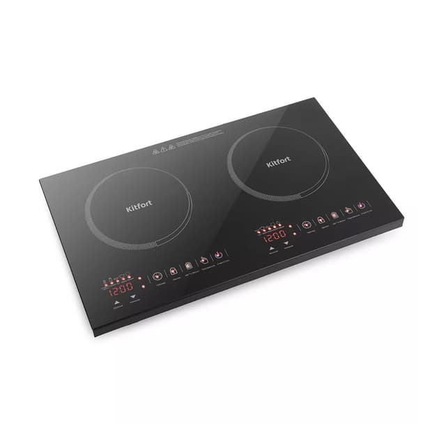 Индукционная плитка, Kitfort, КТ-105, 2 конфорки, 7 автоматических программ, Сенсорное управление, Стеклокерамика, Диаметр дна посуды 12-26 см, Таймер 24ч, Мощность 2000 Вт, Черный