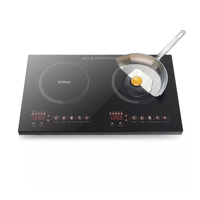 Индукционная плитка, Kitfort, КТ-105, 2 конфорки, 7 автоматических программ, Сенсорное управление, Стеклокерамика, Диаметр дна посуды 12-26 см, Таймер 24ч, Мощность 2000 Вт, Черный