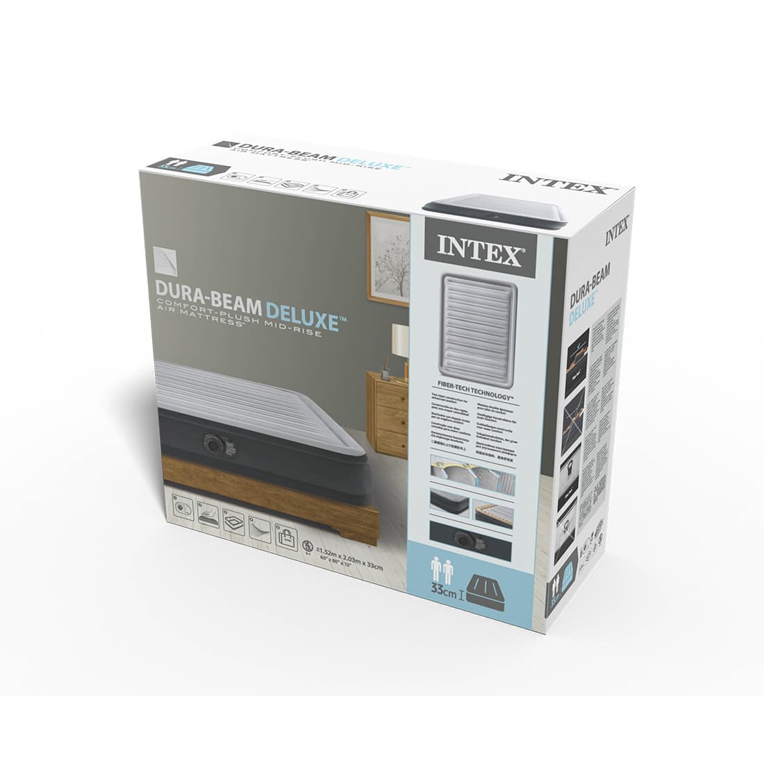 Матрас-кровать надувная Comfort-Plush Mid-Rise (Queen) 203 х 152 х 33 см, INTEX, 67770ND, Винил, Встроенный эл. насос, Сумка для переноски и хранения в комплекте, Серый, Цветная коробка