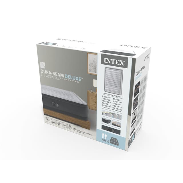 Матрас-кровать надувная Comfort-Plush Elevated (Queen) 203 х 152 х 46 см, INTEX, 64414ND, Винил, Встроенный эл. насос, Сумка для переноски и хранения в комплекте, Серый, Цветная коробка